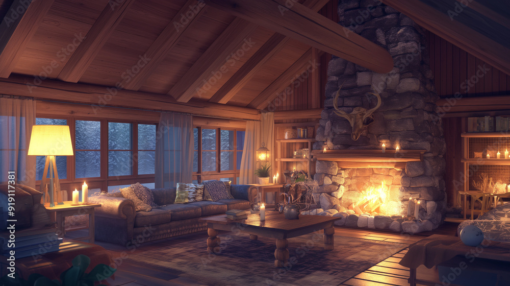 A cozy room in a rustic cabin, featuring wooden walls, a stone fireplace, plush seating, and cozy blankets, evoking a sense of warmth and comfort A cozy room in a rustic cabin, featuring wooden walls, a stone fireplace, plush seating, and cozy blankets, evoking a sense of warmth and comfort