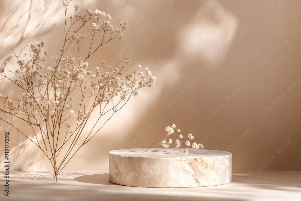 Abstract nature scene Stone podium composition and dry flower on beige brown background for cosmetic, beauty product branding, perfume, skin care and cosmetic backdrop. with generative ai
