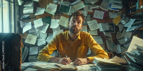 Man overwhelmed by work and paperwork in his office