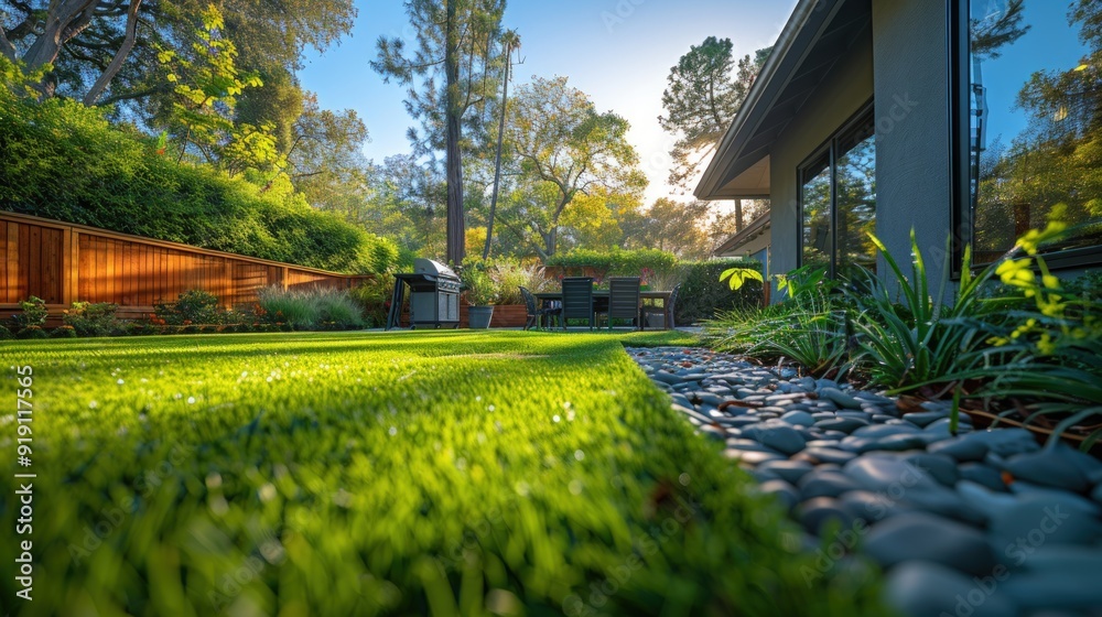 A beautifully landscaped backyard with lush green grass, stone pathways, and a wooden fence. A beautifully landscaped backyard with lush green grass, stone pathways, and a wooden fence.