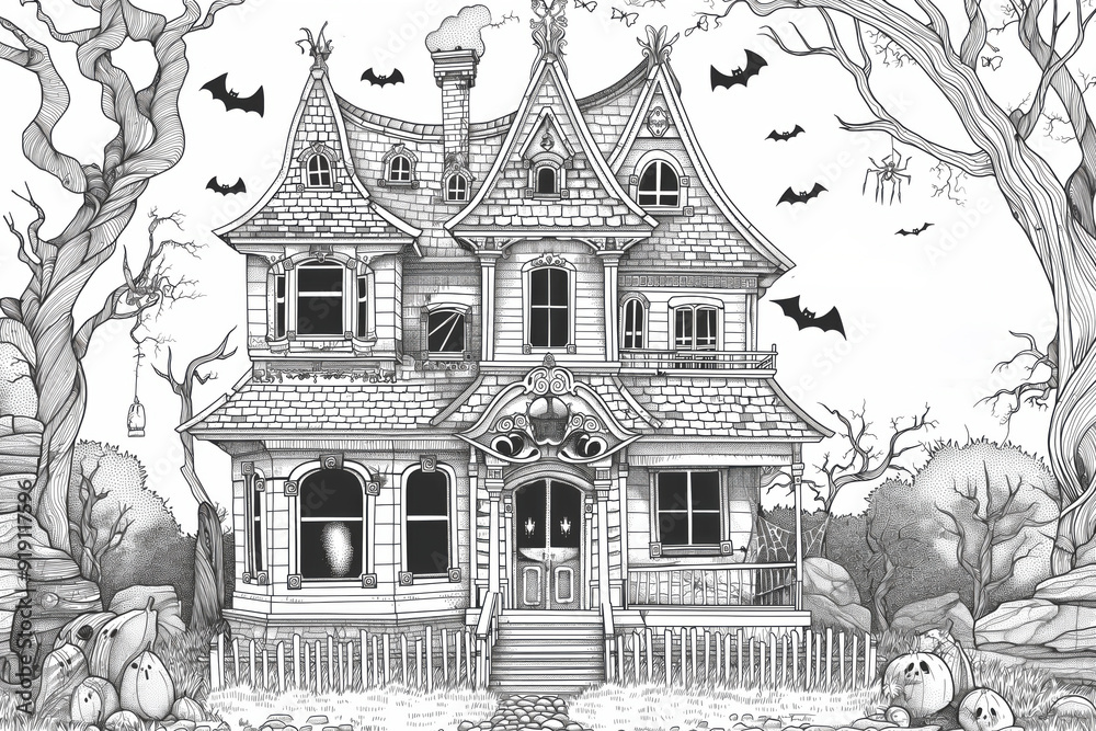 Obraz premium Intricate black and white illustration of a creepy haunted house surrounded by bats for halloween