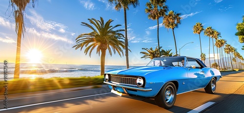 Classic blue car driving down a road lined with palm trees towards a beach at sunset.