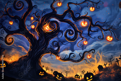 Spooky halloween tree with pumpkins in a mysterious cemetery at night, glowing in orange, black, and blue, creating a festive and eerie atmosphere for the autumn season