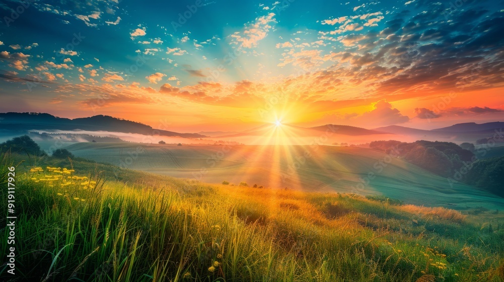 A vibrant sunrise over a peaceful landscape, symbolizing new beginnings, hope, and the promise of success