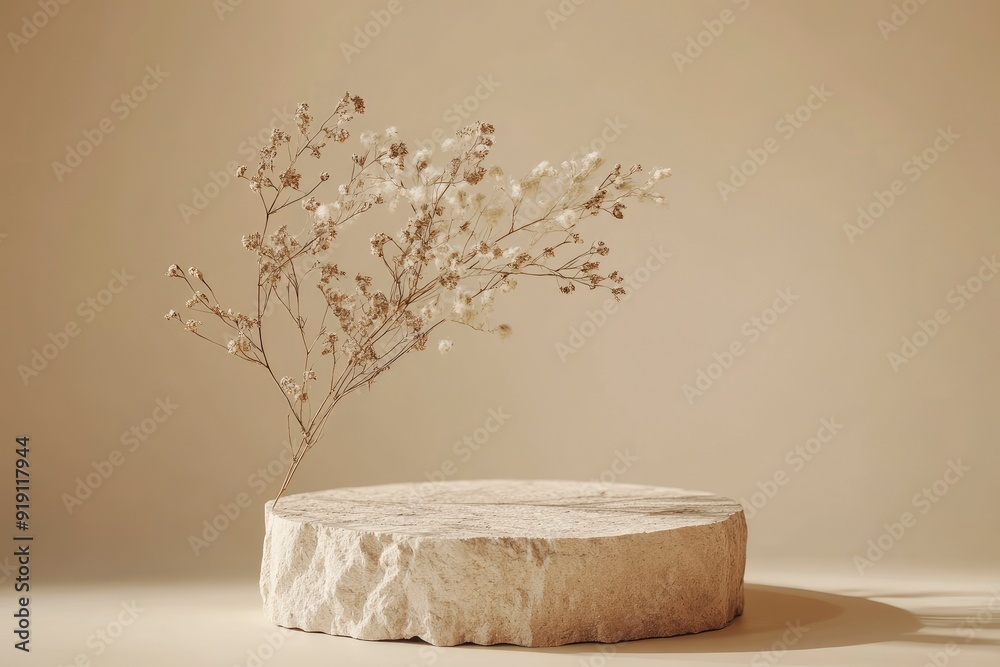 Abstract nature scene Stone podium composition and dry flower on beige brown background for cosmetic, beauty product branding, perfume, skin care and cosmetic backdrop. with generative ai