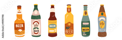 Set of beer bottles isolated on white background. Oktoberfest concept. Beer festival concept. Drinks concept.