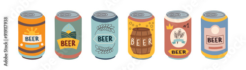 Set of beer cans isolated on white background. Oktoberfest concept. Beer festival concept. Drinks concept.