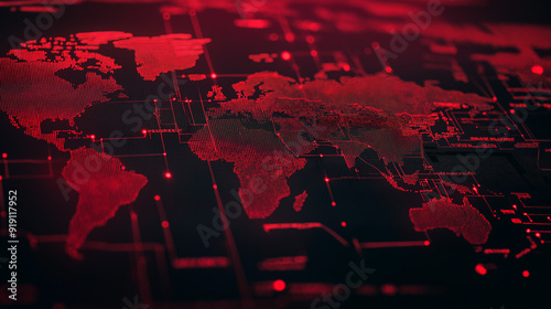 Sleek world map on a dark background with red mesh lines and dots, indicating global cybersecurity threats , Photography