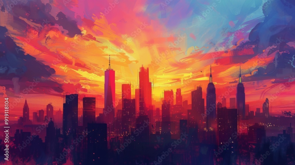 A vibrant sunset over a city skyline, with buildings outlined against a backdrop of brilliant colors A vibrant sunset over a city skyline, with buildings outlined against a backdrop of brilliant colors