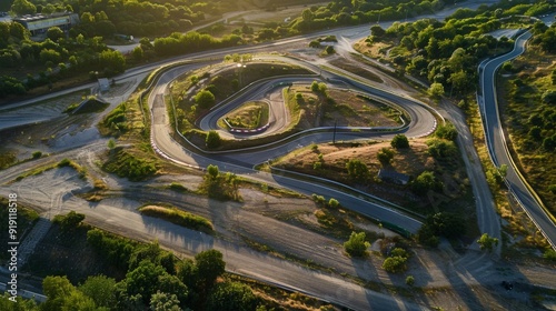 Wallpaper Mural Aerial view of a deserted racetrack with clear, defined curves and straightaways, surrounded by lush greenery on a sunny day Torontodigital.ca