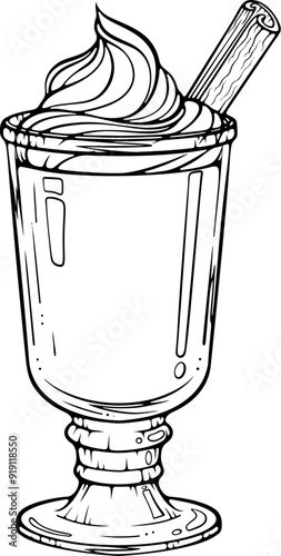 Cappuccino or chocolate in a glass with whipped cream and cinnamon. Frappe coffee drink. Vector illustration in hand drawn sketch doodle style. Line art isolated on white for coloring book, print