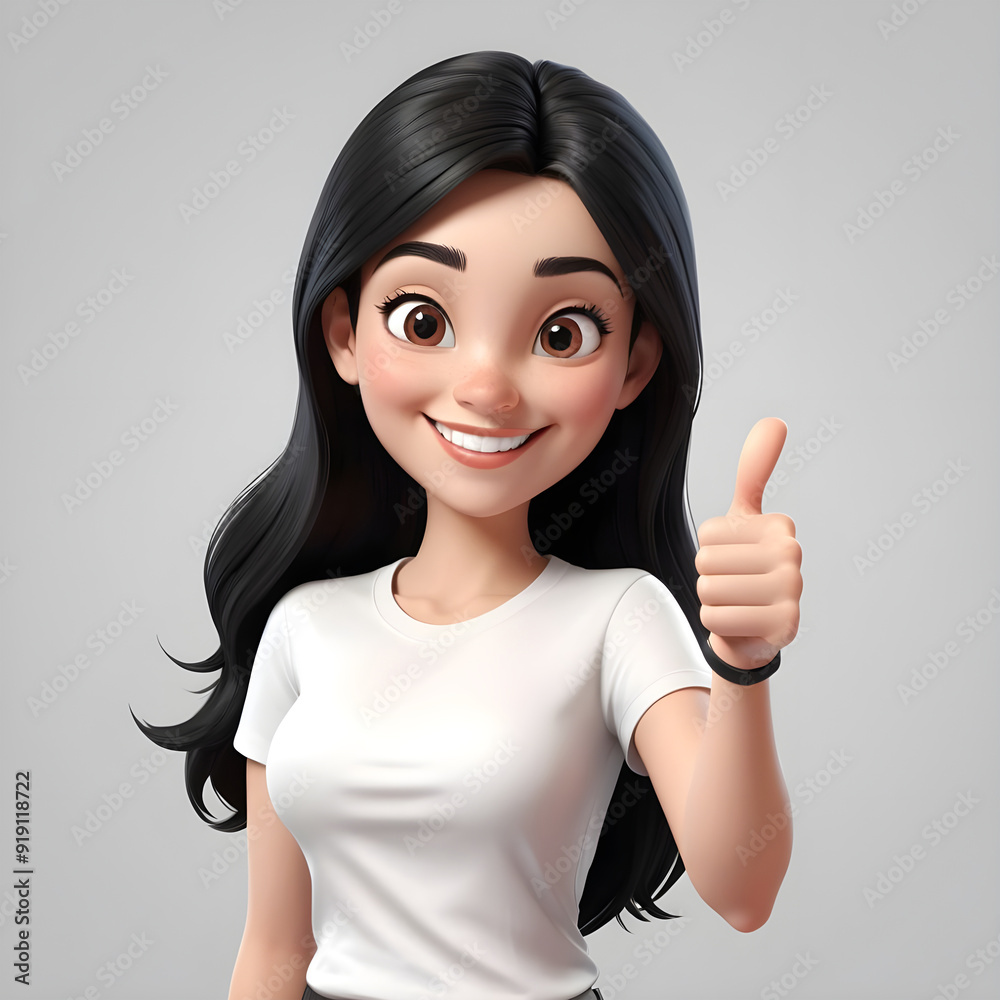 Happy smiling young woman giving thumb up sign. 3d cartoon character, black hair, white t-shirt and light background. Happy smiling young woman giving thumb up sign. 3d cartoon character, black hair, white t-shirt and light background.