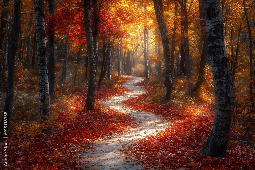 Obraz premium Vibrant Autumn Walk: Sunlit Pathway Through Colorful Falling Leaves and Golden Forests