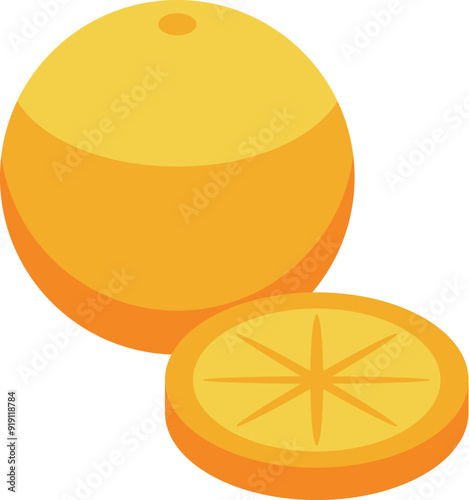 Whole orange is sitting next to a slice, revealing its juicy, segmented interior
