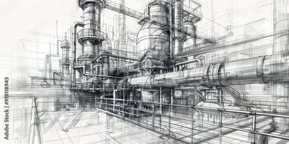 Sketch of industrial complex with pipes and platforms. Sketch of industrial complex with pipes and platforms.