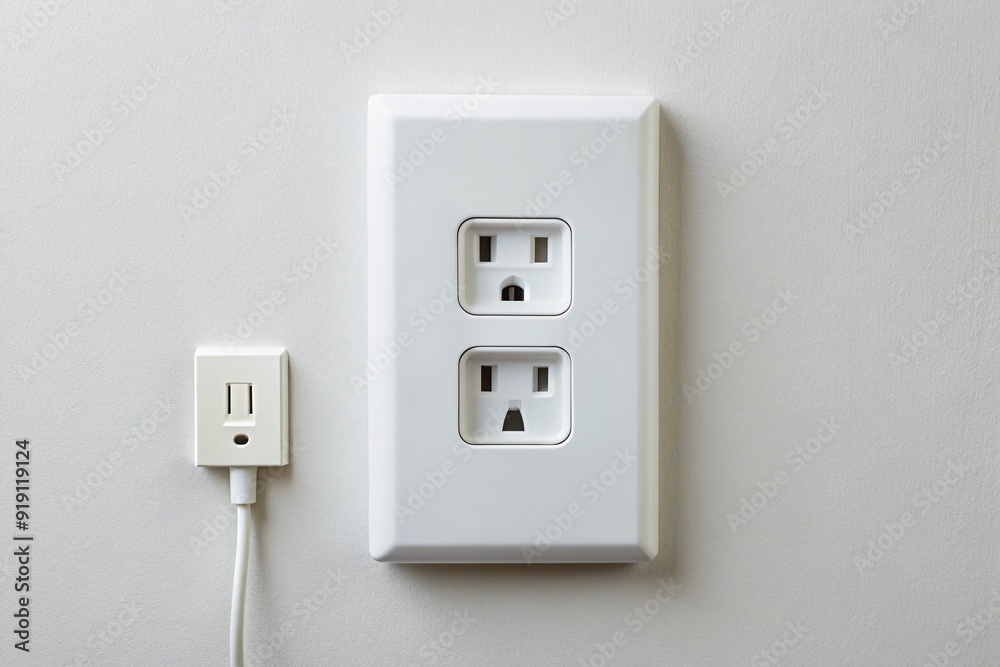 A sleek white double outlet mounted on a clean white wall holds a phone adapter and a white electrical plug, showcasing modern home interior details. A sleek white double outlet mounted on a clean white wall holds a phone adapter and a white electrical plug, showcasing modern home interior details.