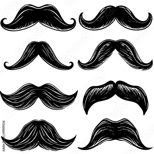 A variety of unique mustaches displayed against a pure white background