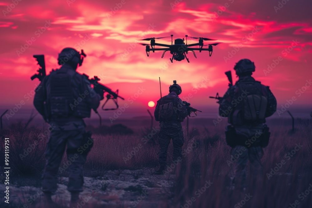 Group of soldiers walking through a field during golden hour Group of soldiers walking through a field during golden hour