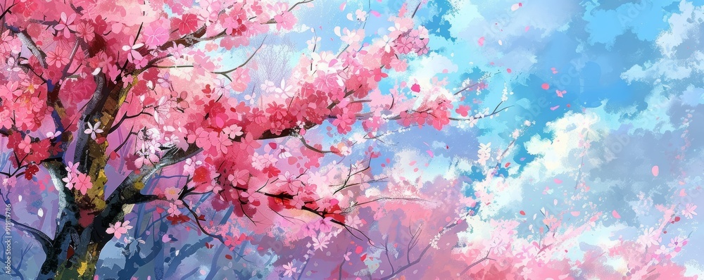 A vibrant spring scene featuring blooming cherry blossoms against a clear blue sky, evoking peace and serenity in nature. A vibrant spring scene featuring blooming cherry blossoms against a clear blue sky, evoking peace and serenity in nature.