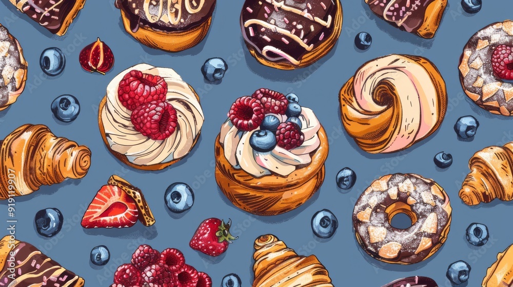 Artistic seamless pattern of French pastries. Artistic seamless pattern of French pastries.