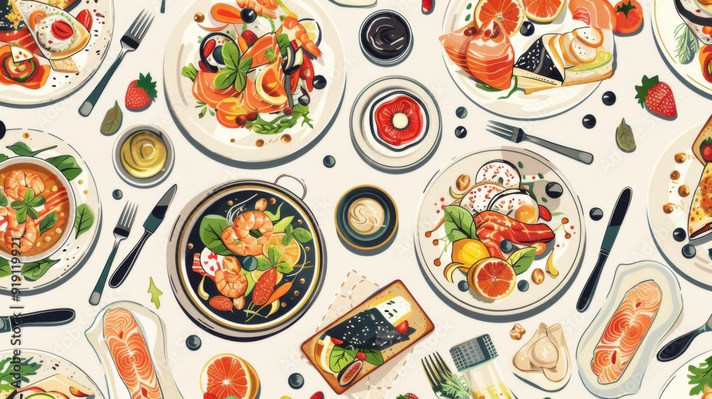 Artistic seamless pattern of gourmet meals. Artistic seamless pattern of gourmet meals.
