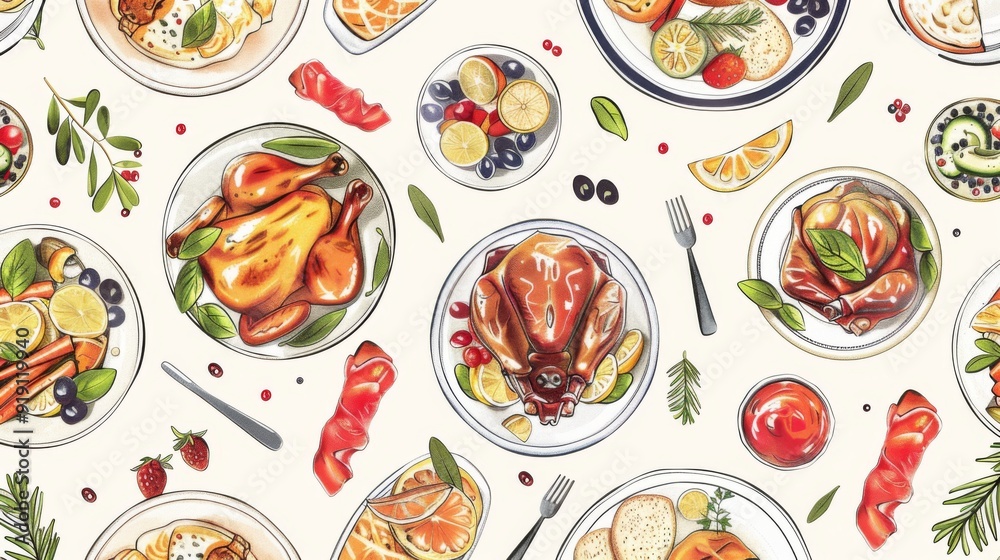 Artistic seamless pattern of gourmet meals. Artistic seamless pattern of gourmet meals.