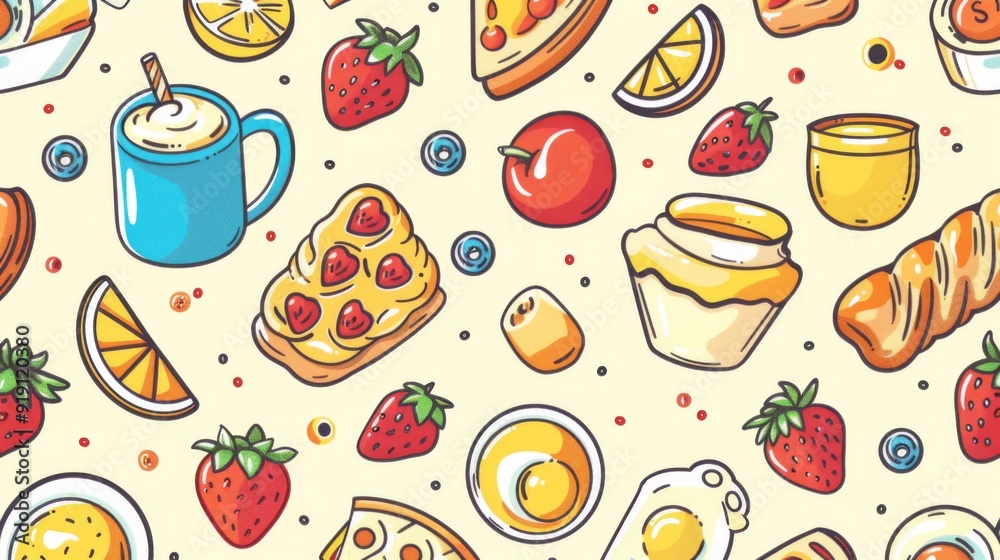 Bright seamless pattern of breakfast foods.