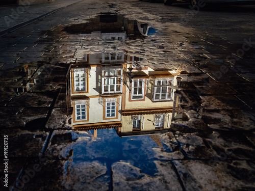 reflection of an old building in a puddle of water