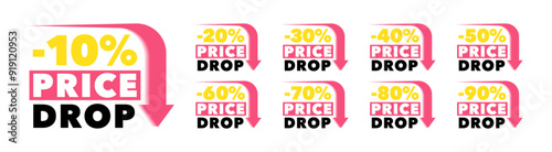 Big price drop label design. Set of sale tags with different percent off discount. Super sale tags from 10 to 90 percent off. Special offer, big sale, price drop. Vector illustration.