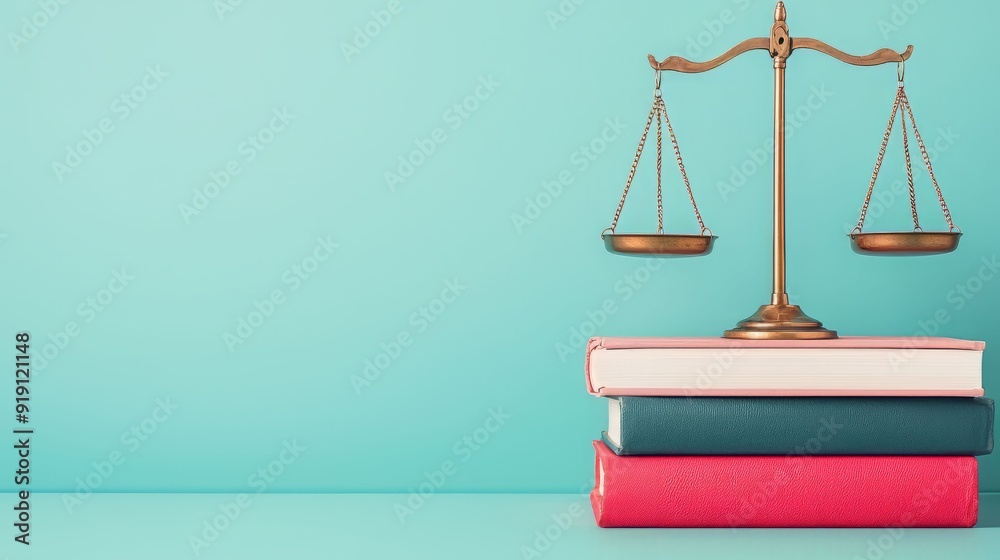 A balanced scale placed on stacked books, symbolizing justice and knowledge against a serene teal backdrop. A balanced scale placed on stacked books, symbolizing justice and knowledge against a serene teal backdrop.