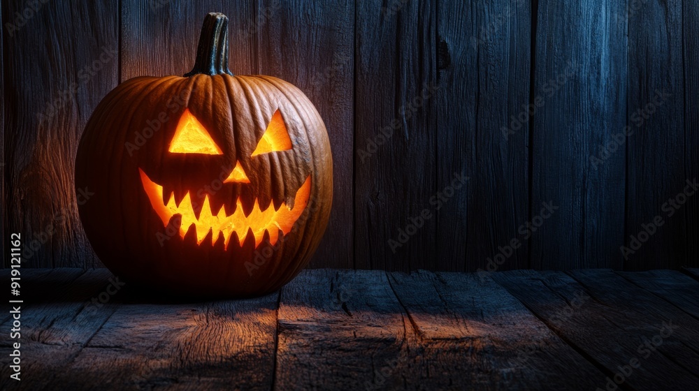Obraz premium A spooky Halloween pumpkin with a jagged, menacing face sits on a rustic wooden plank background, casting eerie shadows in the dim light.