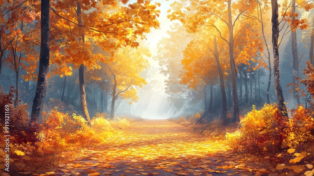 Golden Autumn Path Through a Misty Forest Golden Autumn Path Through a Misty Forest