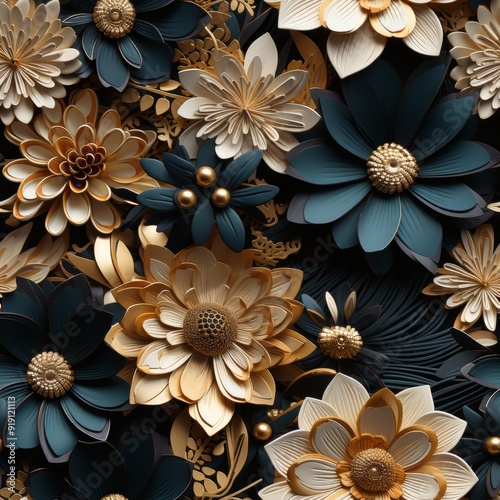 3D Black and Golden Flowers, Floral Background, Abstract Floral Background, Seamless Background