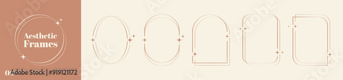 Trendy linear aesthetic frames. Outline geometric frames with stars sparkles in boho style. Vector illustration.