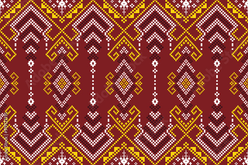Fabric pixel abstract geometric pattern Thai stye design for clothing, fabric, background, wallpaper, wrapping, batik. Knitwear, Embroidery style. Aztec geometric art ornament print.