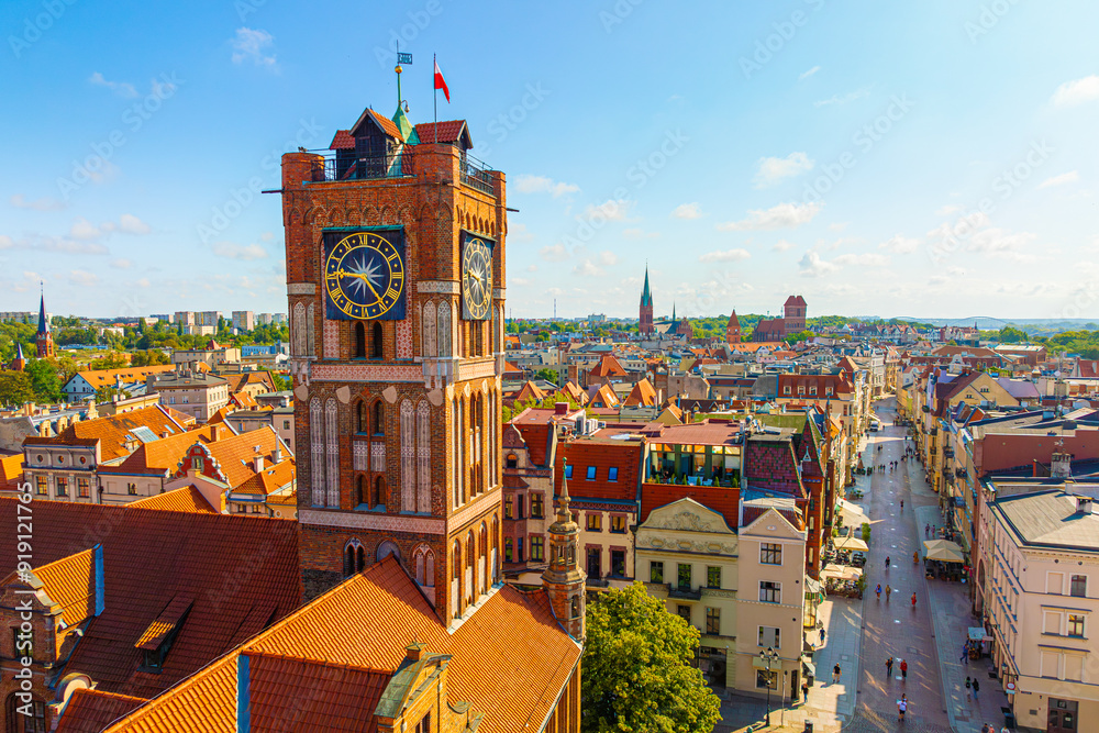 Aerial panoramic view of historical buildings and roofs in Polish medieval town Torun