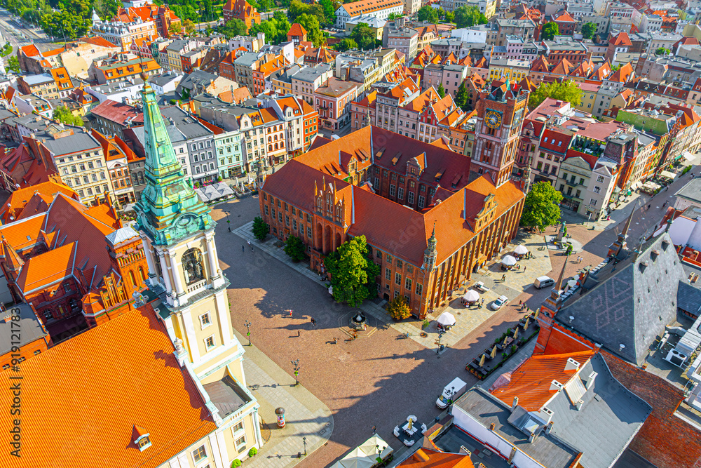 Aerial panoramic view of historical buildings and roofs in Polish medieval town Torun