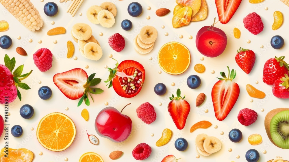 Colorful seamless pattern of healthy snacks. Colorful seamless pattern of healthy snacks.