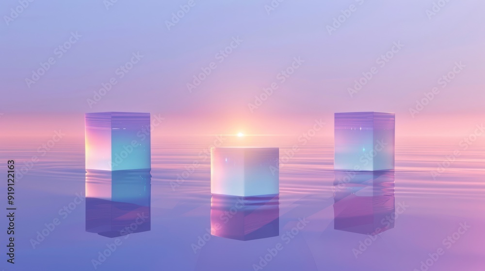 Three Prismatic Structures Reflecting in Calm Water at Sunset Three Prismatic Structures Reflecting in Calm Water at Sunset