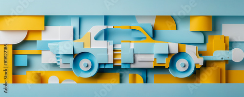 Abstract illustration of the papercutting motor of automobile. Car repair concept.