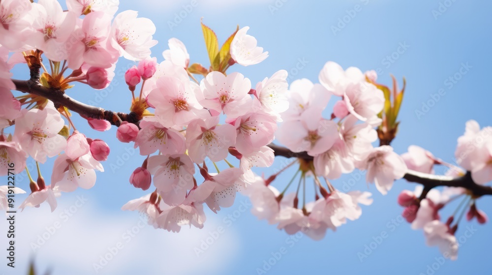 Spring banner, branches of blossoming cherry against background of blue sky. Neural network ai generated art Spring banner, branches of blossoming cherry against background of blue sky. Neural network ai generated art