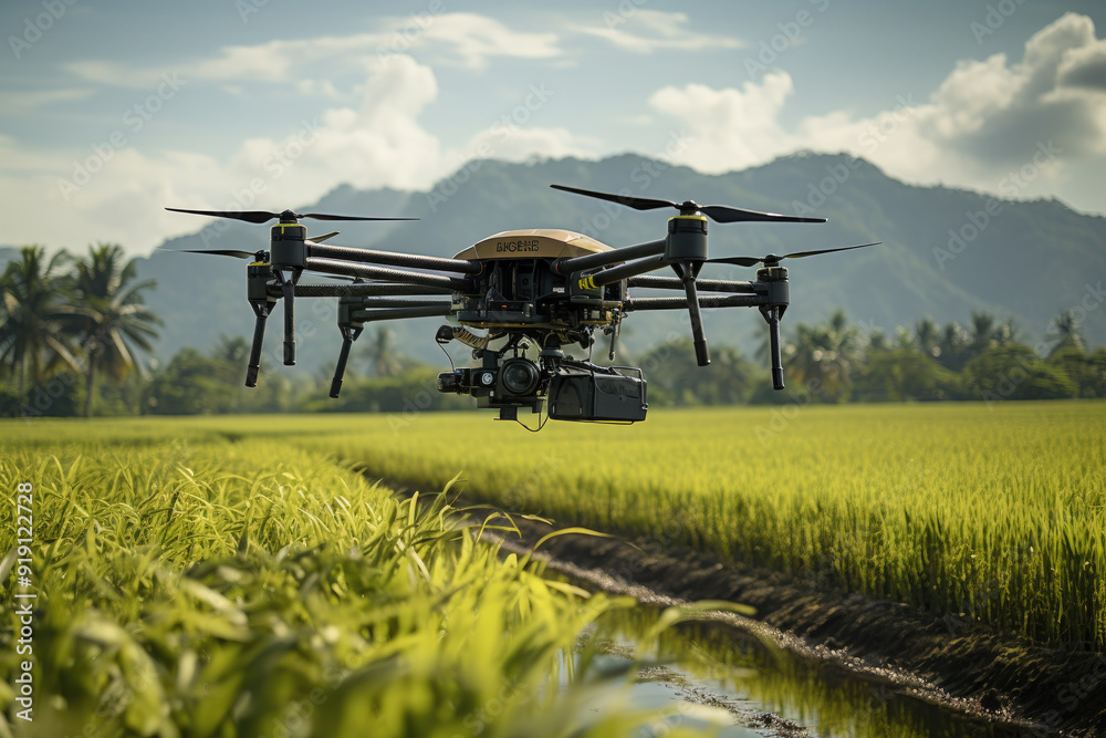 Modern advanced farming practices with drones flying over rice fields and used to monitor the condition and growth of crops before harvest. Modern advanced farming practices with drones flying over rice fields and used to monitor the condition and growth of crops before harvest.