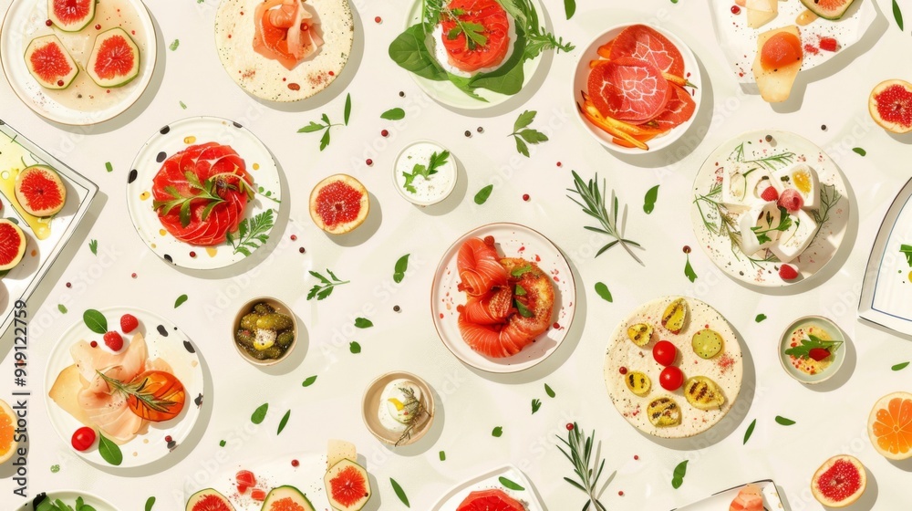 Delicate seamless pattern of mixed appetizers. Delicate seamless pattern of mixed appetizers.