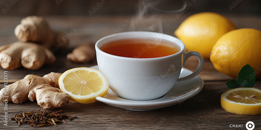 Fototapeta premium White hot cup of tea, dried tea leaves, a piece of lemon and ginger lie nearby, on a wooden background, copy space. banner