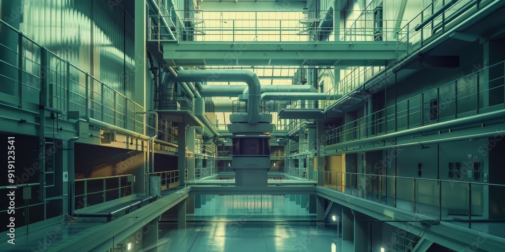 Industrial building interior with green tones. Industrial building interior with green tones.