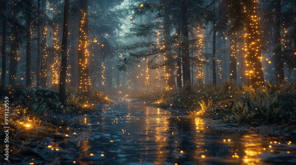 A serene night scene in an enchanted forest, illuminated by the soft glow of fireflies. A serene night scene in an enchanted forest, illuminated by the soft glow of fireflies.