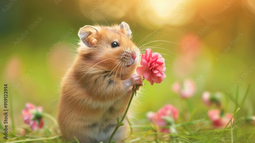 Cute Hamster with Pink Carnation in Blurred Meadow Background Cute Hamster with Pink Carnation in Blurred Meadow Background