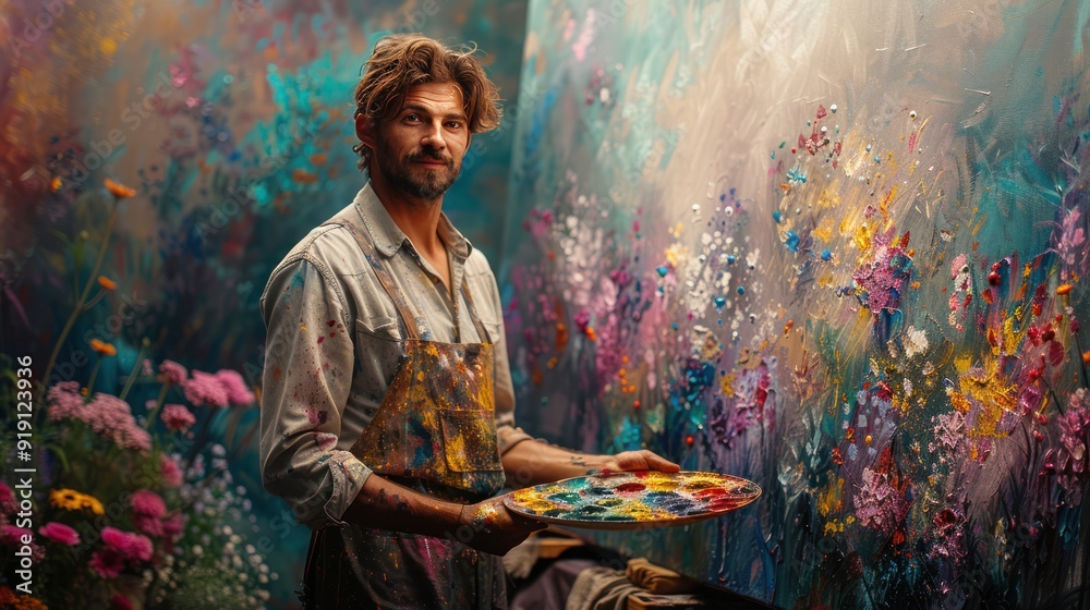 Male Artist Holding a Palette in Front of an Abstract Painting Male Artist Holding a Palette in Front of an Abstract Painting