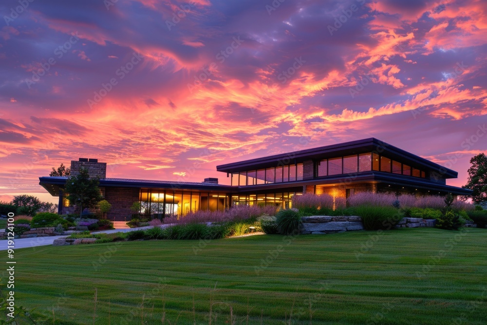 House Twilight. Luxury Home at Golden Hour with Beautiful Landscaping in Nebraska USA House Twilight. Luxury Home at Golden Hour with Beautiful Landscaping in Nebraska USA