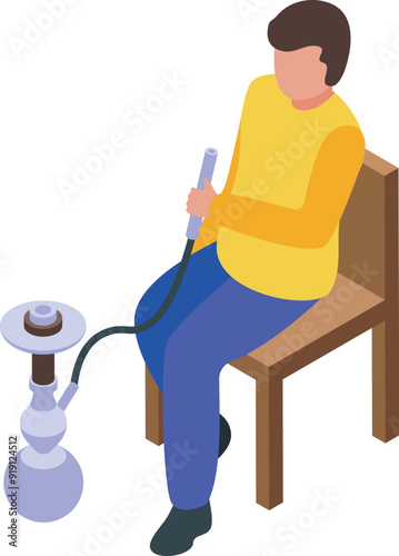 Young man smoking hookah sitting on the chair at home relaxing having good time icon vector illustration